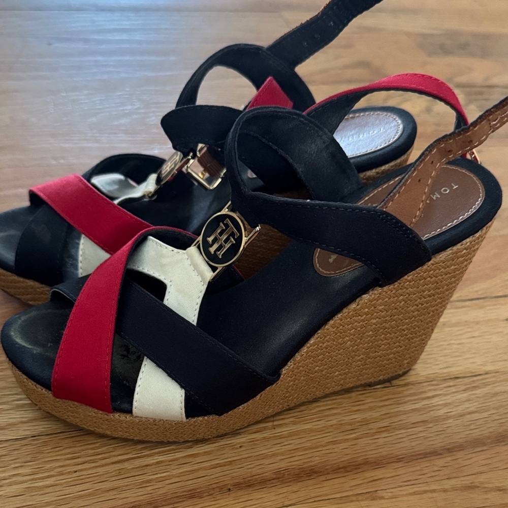 Tommy Hilfiger Black, Red, and White Wedge Sandals